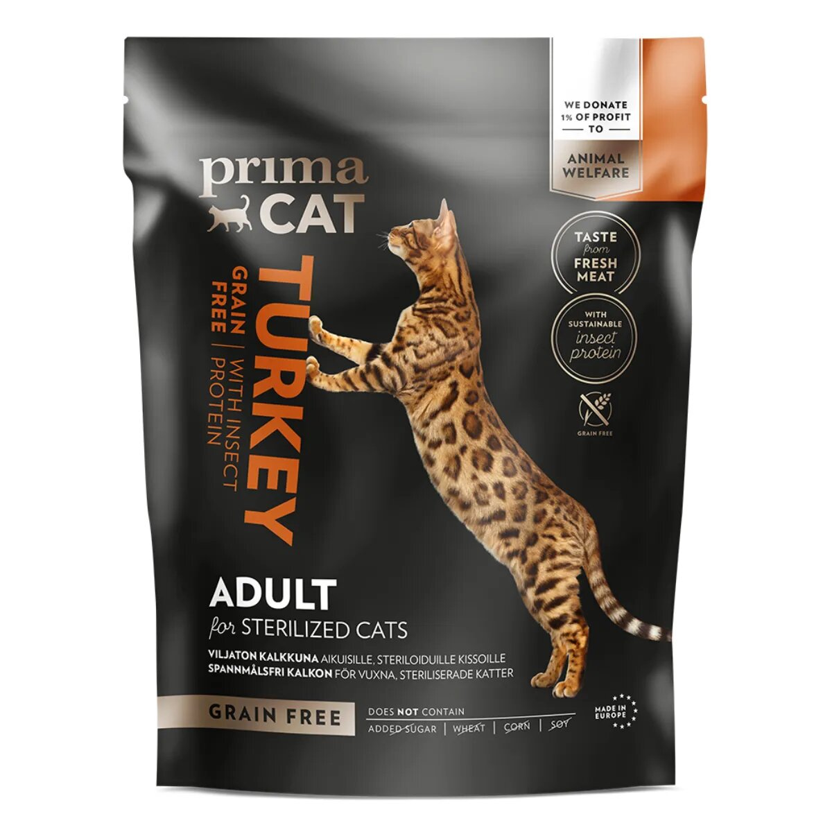 PRIMA CAT Sterilised Curcan și Insecte hrană uscată fără cereale pisici sterilizate 400g