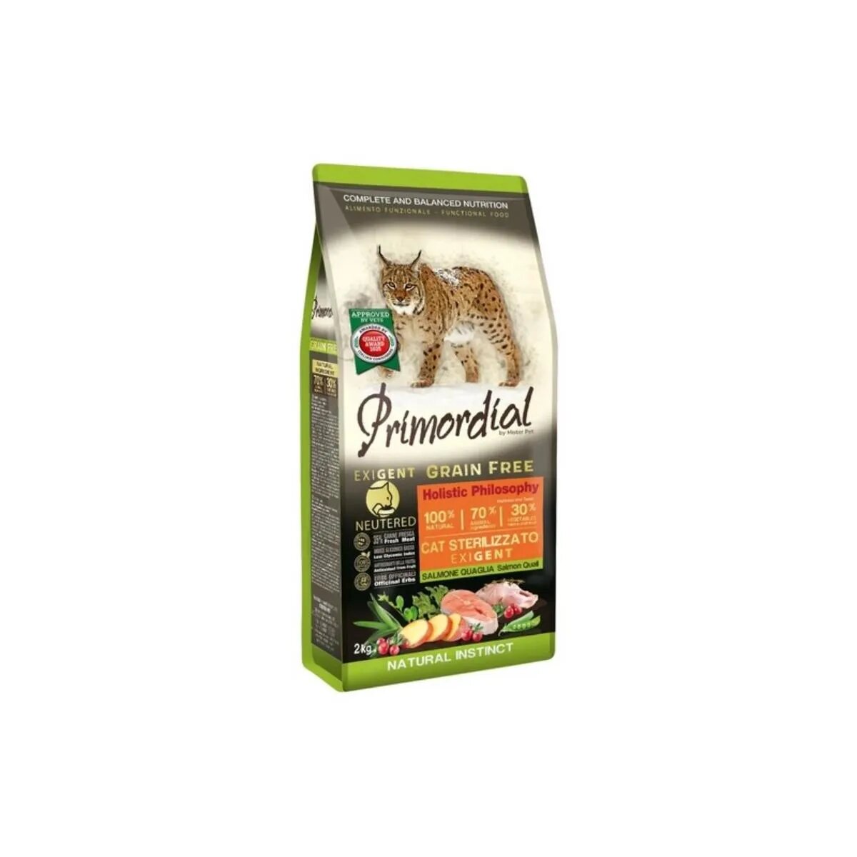Primordial Holistic Neutered Exigent Somon și Prepeliță hrană uscată fără cereale pisici sterilizate apetit capricios 2kg
