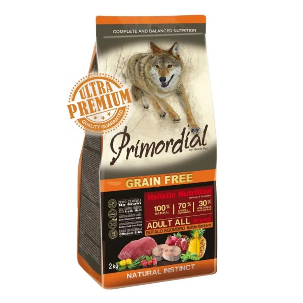 Primordial Holistic XS-XL Bizon și Macrou hrană uscată fără cereale câini 2kg