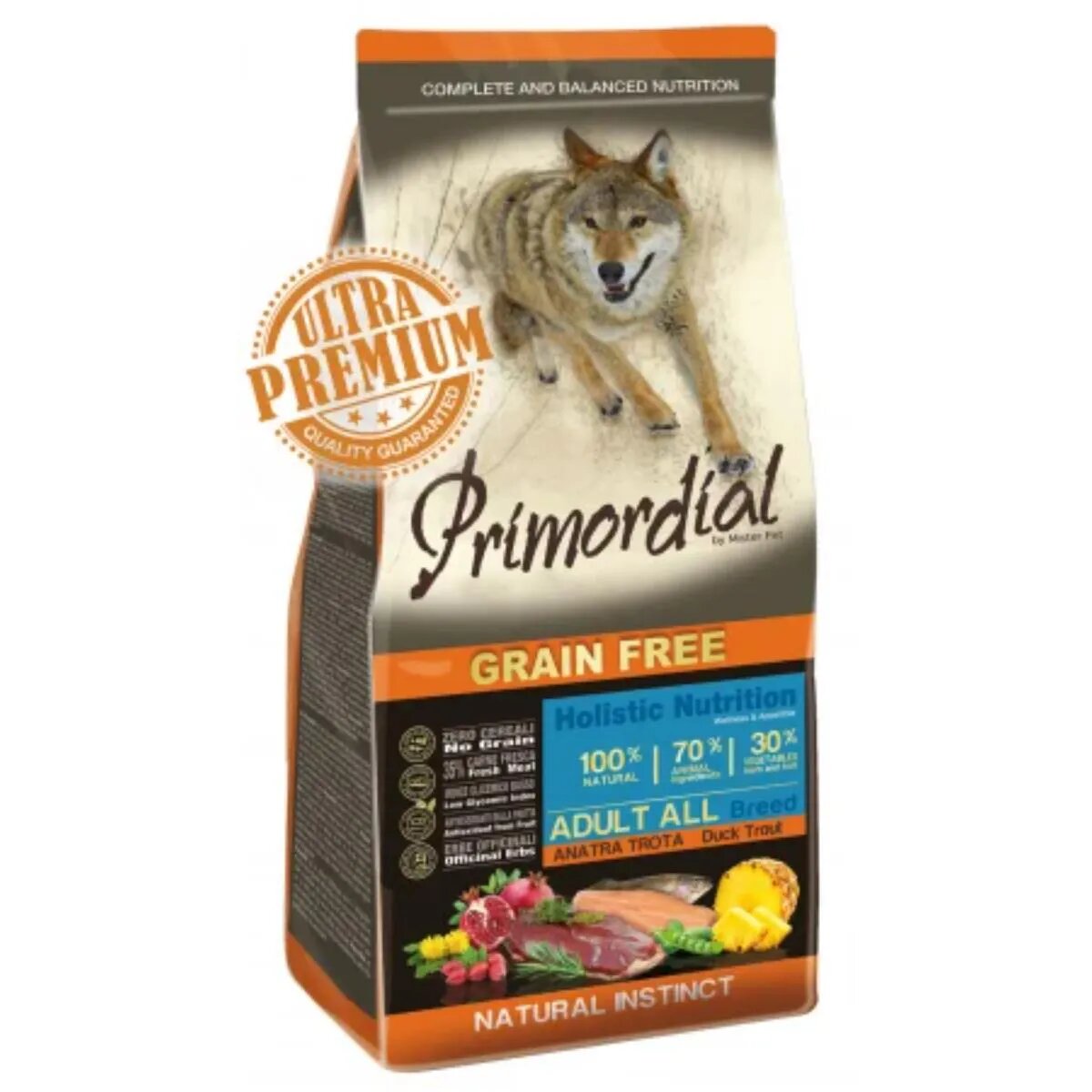 Primordial Holistic XS-XL Rață și Păstrăv hrană uscată fără cereale câini 12kg