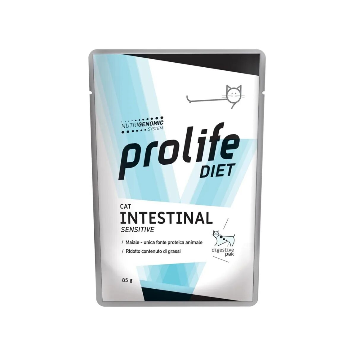 Prolife Diet Intestinal Sensitive Porc dietă veterinară plic hrană umedă monoproteică pisici sistem digestiv (în aspic) bax 85g x 12buc