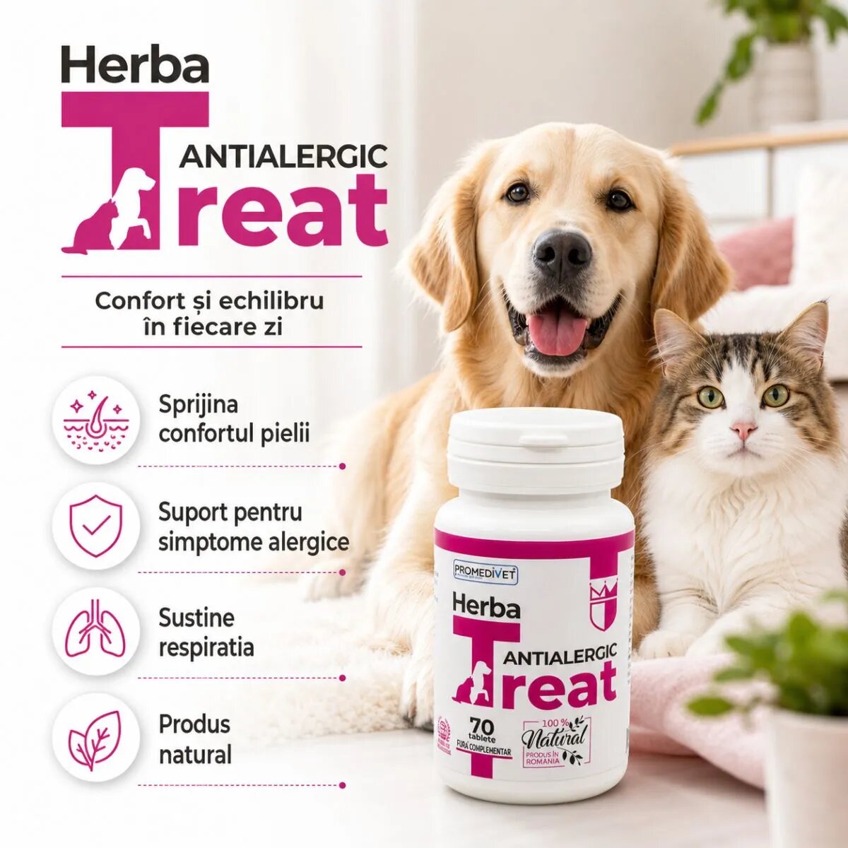 Promedivet Herba-Treat Antialergic supliment sistem imunitar & alergii câini comprimate Herba-Treat Antialergic XS-XL supliment sistem imunitar & alergii câini și pisici flacon 70 comprimate