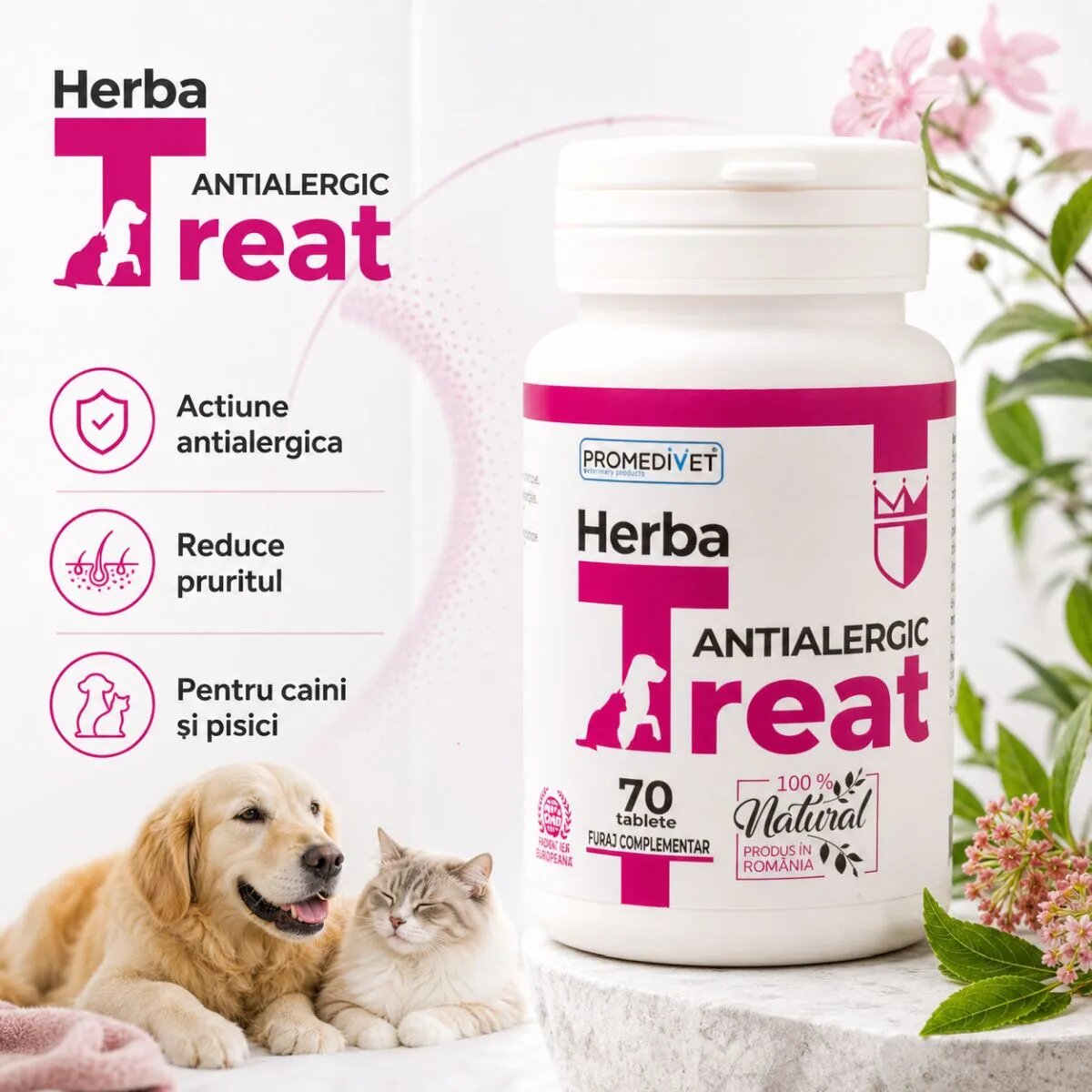 Promedivet Herba-Treat Antialergic supliment sistem imunitar & alergii câini comprimate Herba-Treat Antialergic XS-XL supliment sistem imunitar & alergii câini și pisici flacon 70 comprimate