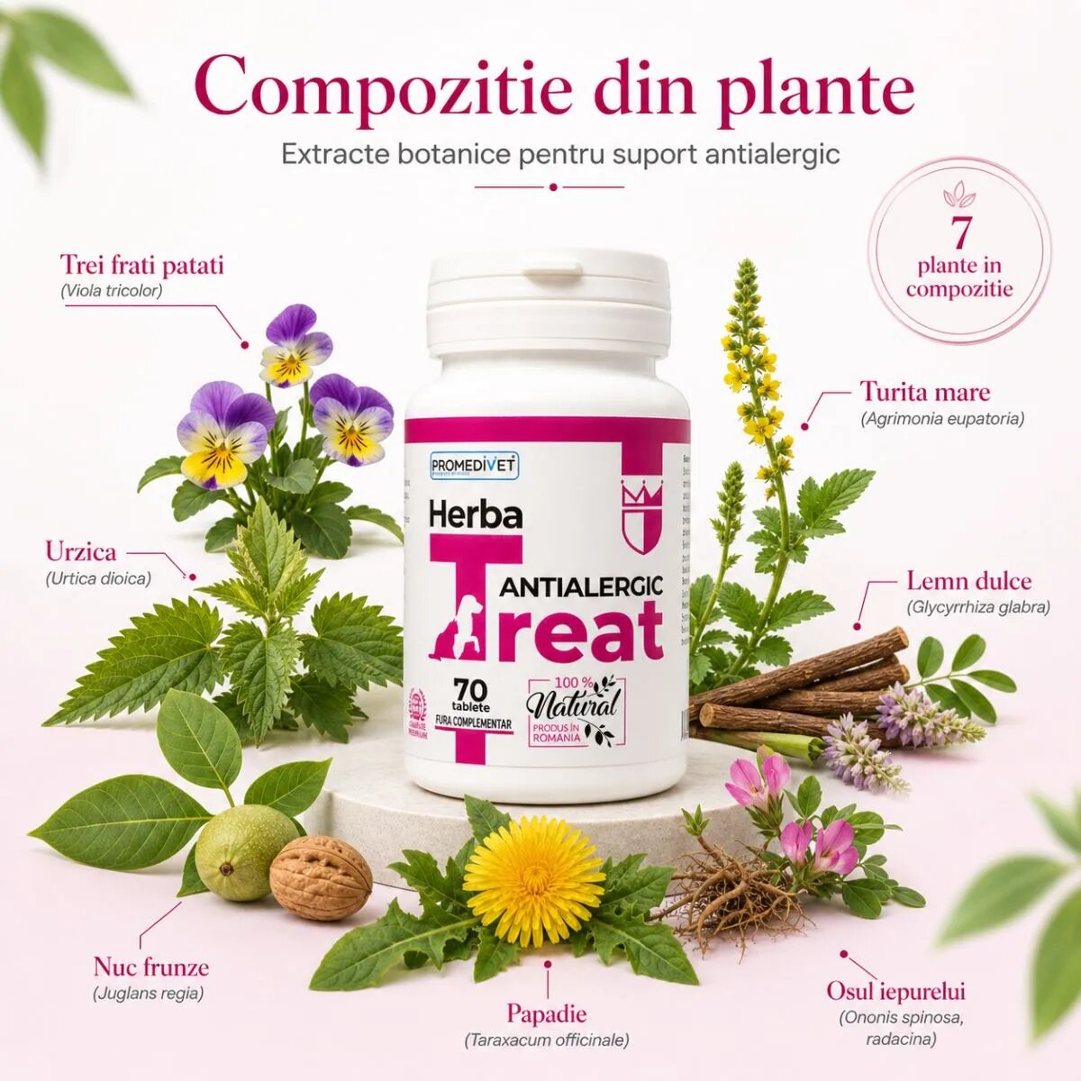 Promedivet Herba-Treat Antialergic supliment sistem imunitar & alergii câini comprimate Herba-Treat Antialergic XS-XL supliment sistem imunitar & alergii câini și pisici flacon 70 comprimate