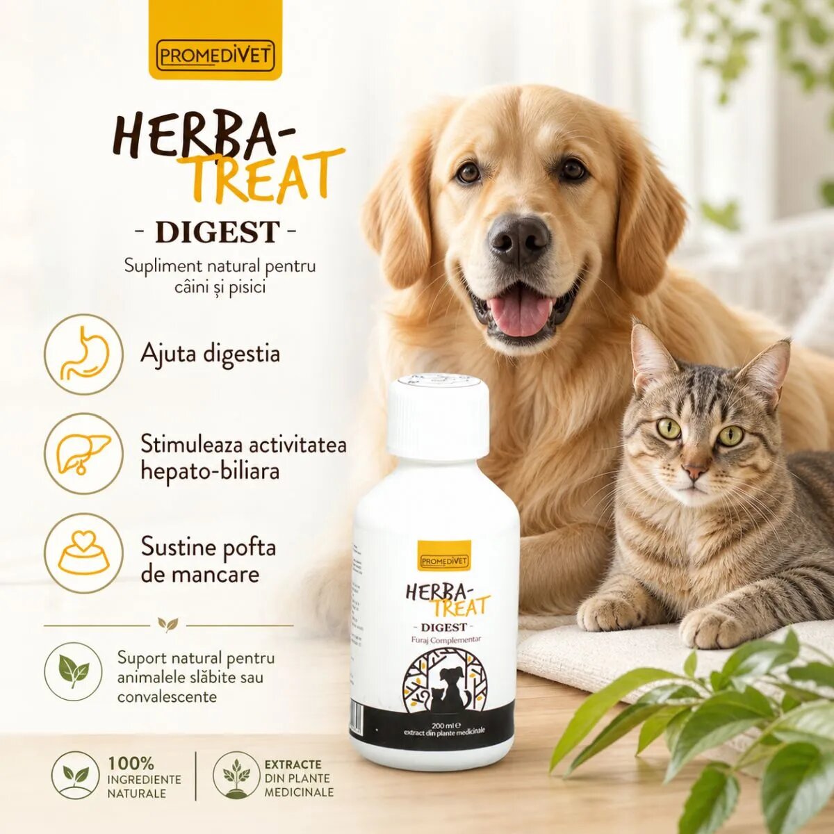Promedivet Herba-Treat Digest Hepatoprotector supliment sistem digestiv câini suspensie orală Herba-Treat Digest Hepatoprotector XS-XL supliment sistem digestiv câini și pisici flacon 200ml suspensie orală