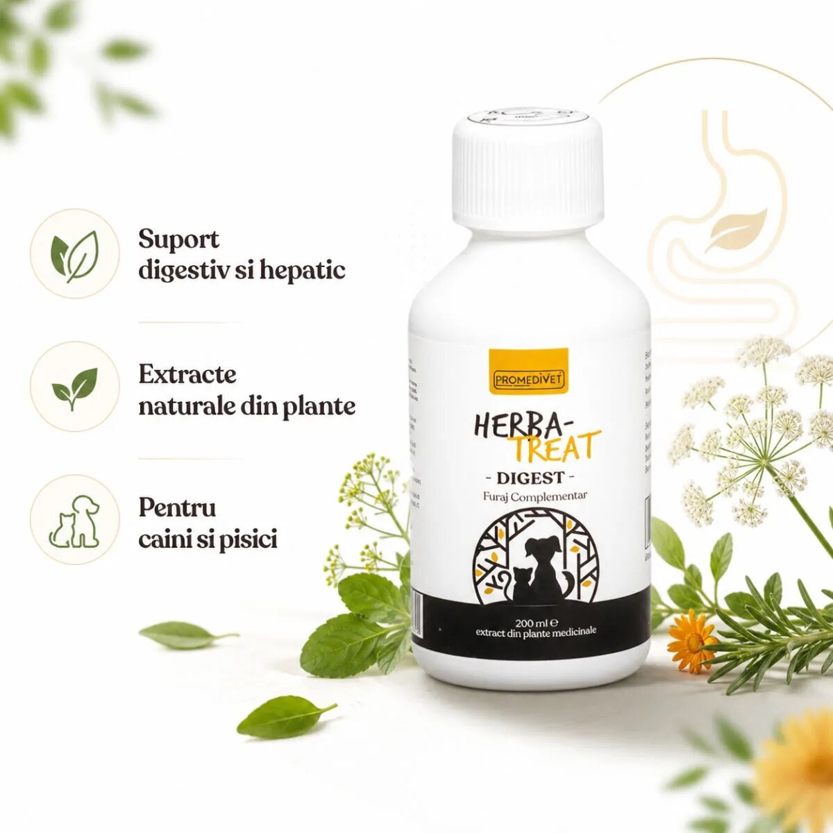 Promedivet Herba-Treat Digest Hepatoprotector supliment sistem digestiv câini suspensie orală Herba-Treat Digest Hepatoprotector XS-XL supliment sistem digestiv câini și pisici flacon 200ml suspensie orală