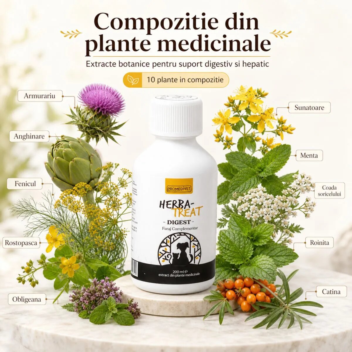 Promedivet Herba-Treat Digest Hepatoprotector supliment sistem digestiv câini suspensie orală Herba-Treat Digest Hepatoprotector XS-XL supliment sistem digestiv câini și pisici flacon 200ml suspensie orală