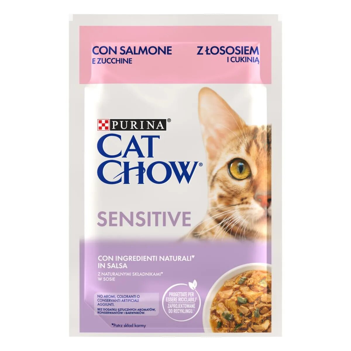 Purina Cat Chow Sensitive Somon și dovleac hrană umedă pisici sistem digestiv (în sos) Sensitive Somon și dovleac plic hrană umedă pisici sistem digestiv (în sos) 85g