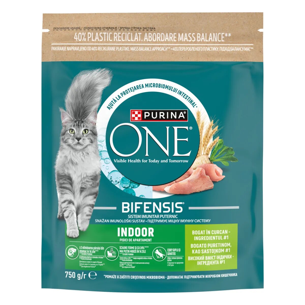 Purina ONE Indoor Curcan și Cereale Integrale hrană uscată pisici 750g