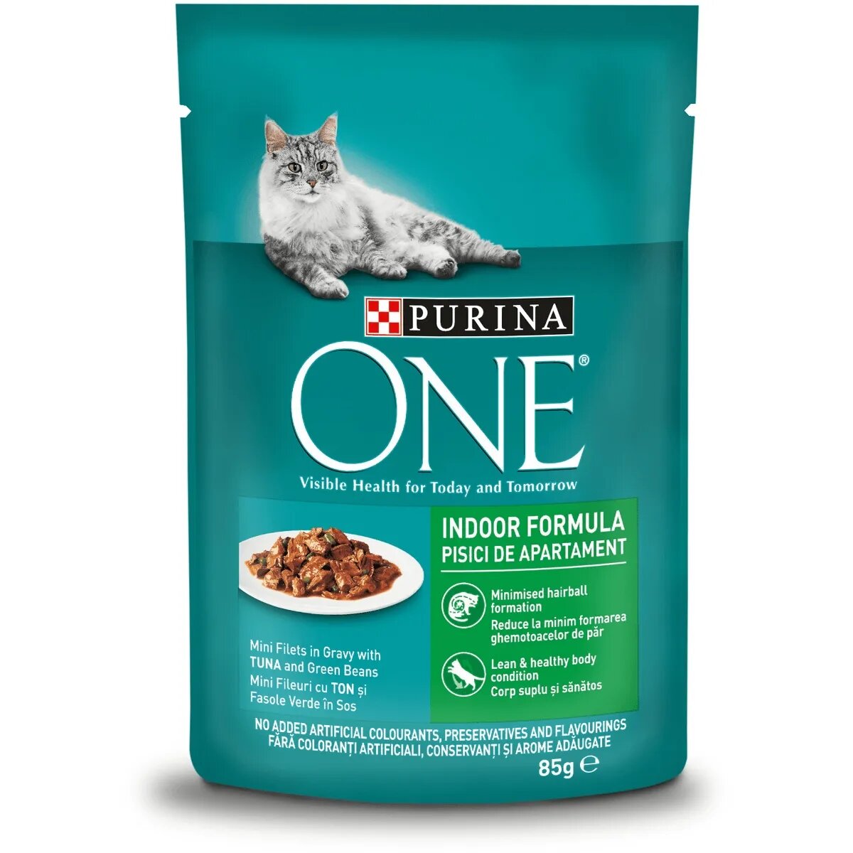 Purina ONE Indoor Ton cu Fasole Verde plic hrană umedă pisici (în sos) 85g