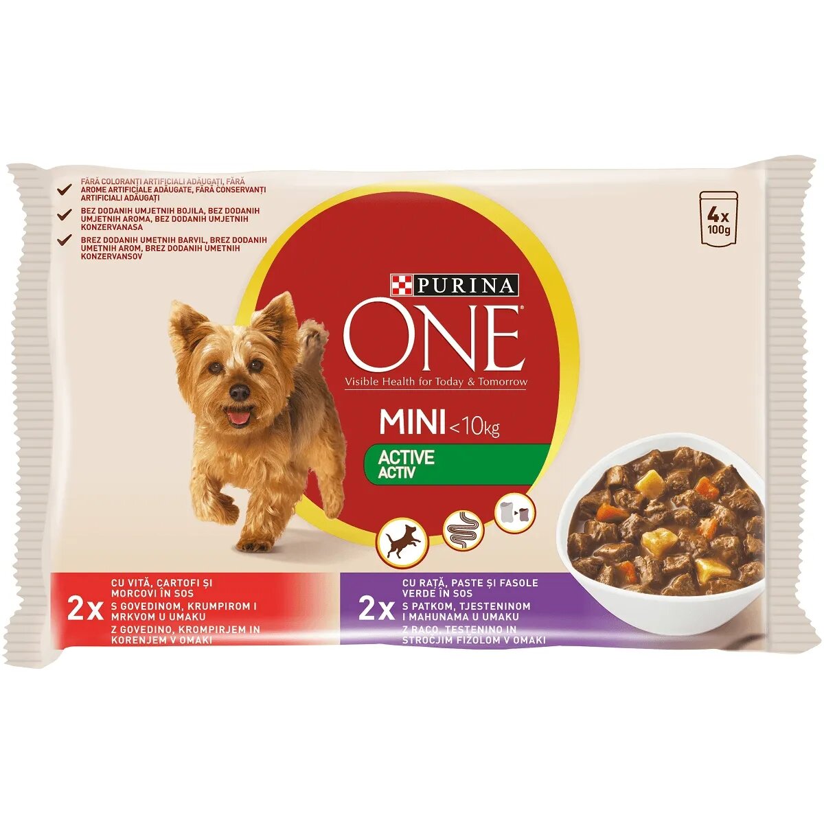 Purina ONE Mini Active 2 arome multipack plic hrană umedă câini activitate intensă (în sos) 100g x 4 Mini Active 2 arome multipack plic hrană umedă câini activitate intensă (în sos) 85g x 4