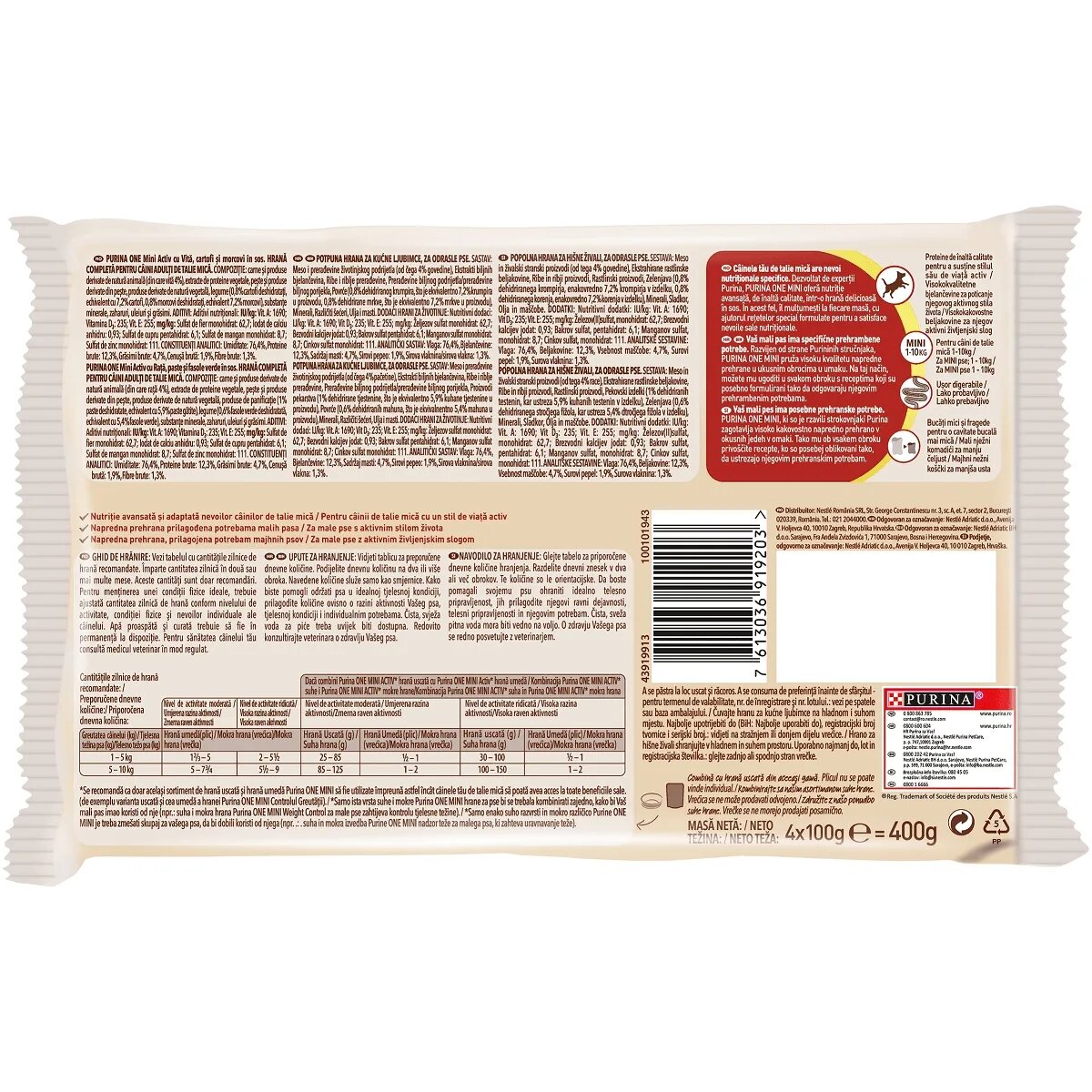 Purina ONE Mini Active 2 arome multipack plic hrană umedă câini activitate intensă (în sos) 100g x 4 Mini Active 2 arome multipack plic hrană umedă câini activitate intensă (în sos) 85g x 4