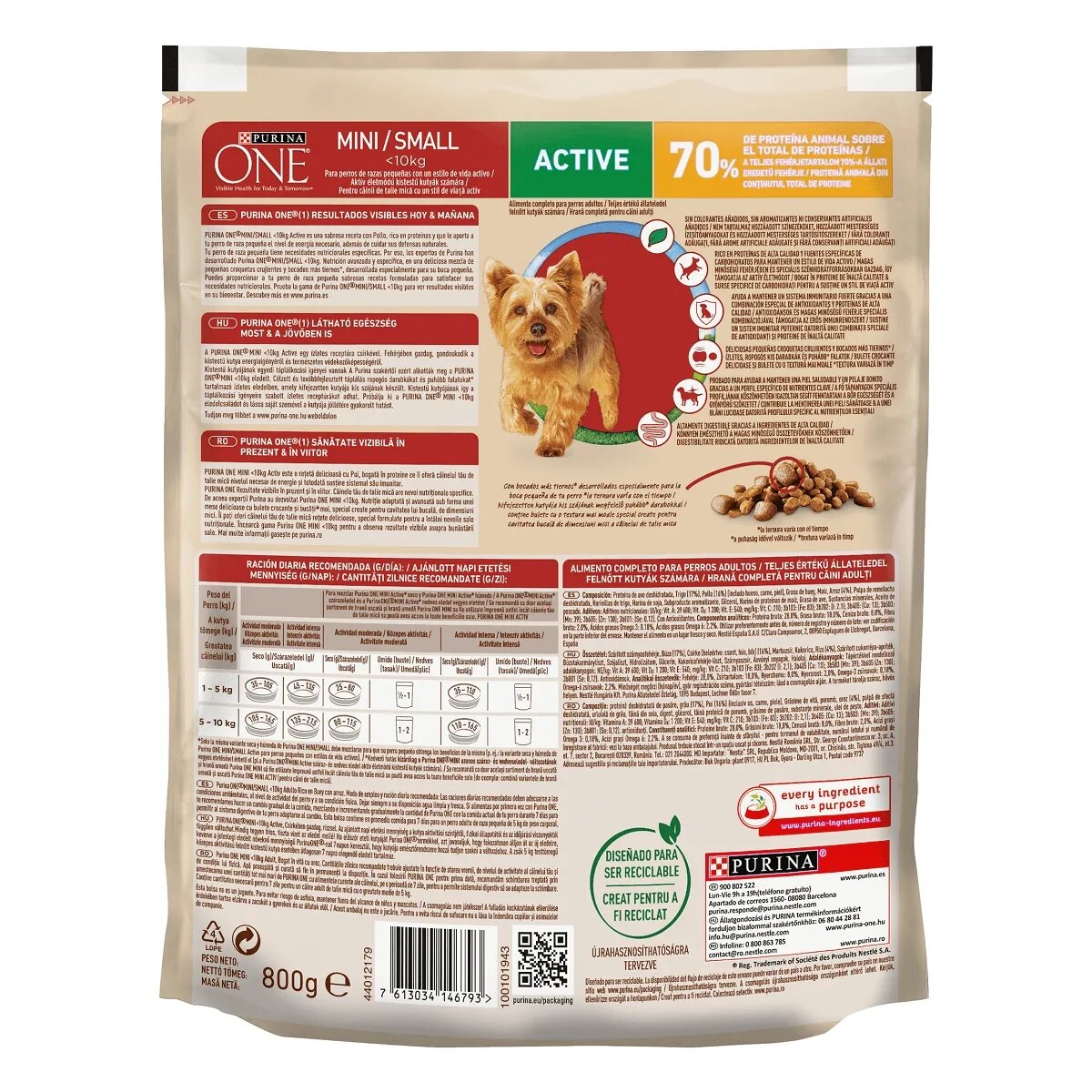 Purina ONE Mini Active Pui cu Orez hrană uscată câini activitate intensă 800g