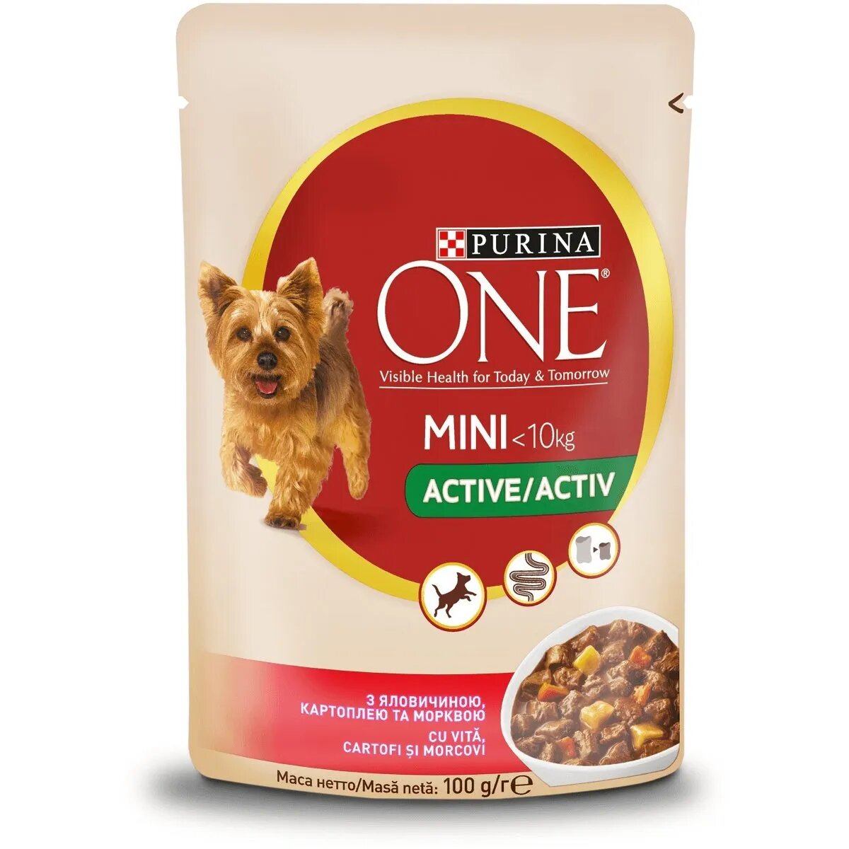 Purina ONE Mini Active Vită cu Cartofi hrană umedă câini activitate intensă (în sos) Mini Active Vită cu Cartofi plic hrană umedă câini activitate intensă (în sos) 85g