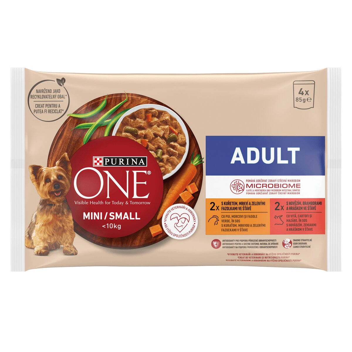 Purina ONE Mini Adult 2 arome multipack plic hrană umedă câini (în sos) 85g x 4