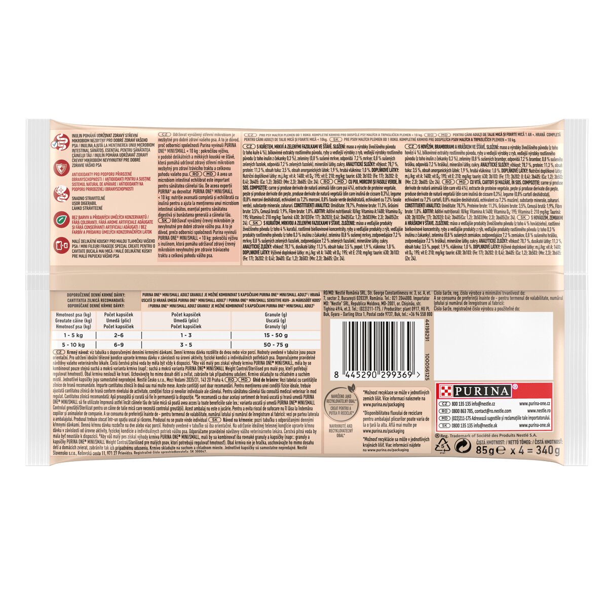 Purina ONE Mini Adult 2 arome multipack plic hrană umedă câini (în sos) 85g x 4