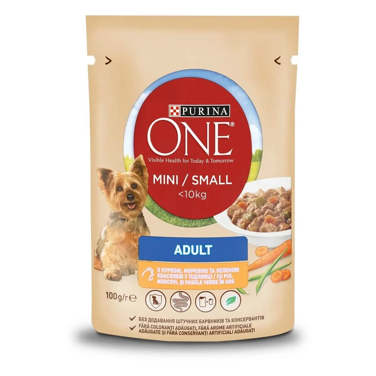 Purina ONE Mini Adult Pui cu Morcov hrană umedă câini (în sos) Mini Adult Pui cu Morcov plic hrană umedă câini (în sos) 85g