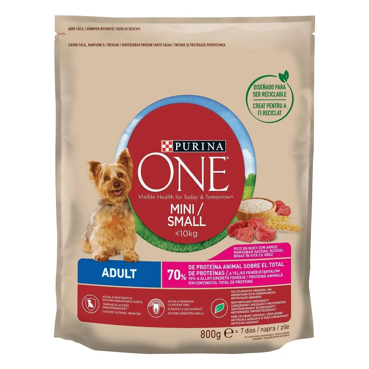 Purina ONE Mini Adult Vită cu Orez hrană uscată câini 800g