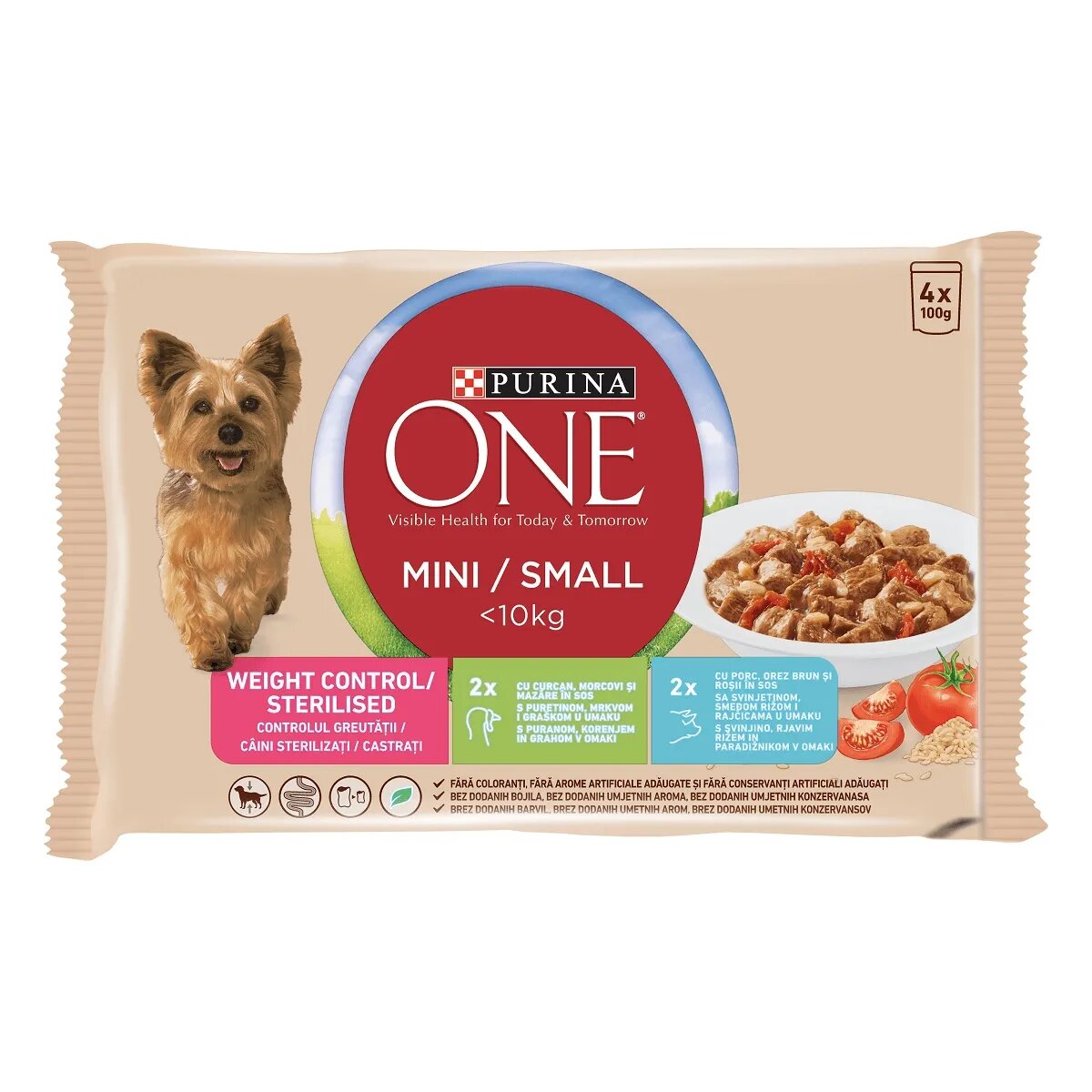 Purina ONE Mini Controlul Greutății 2 arome mulipack plic hrană umedă câini (în sos) 100g x 4 Mini Controlul Greutății 2 arome mulipack plic hrană umedă câini (în sos) 85g x 4
