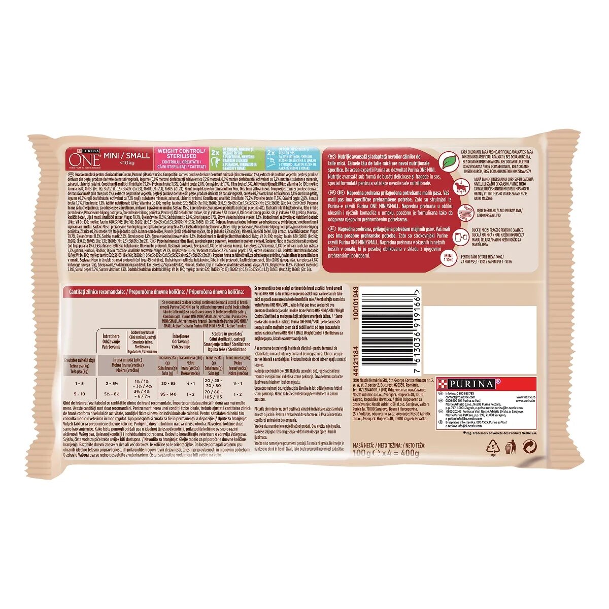 Purina ONE Mini Controlul Greutății 2 arome mulipack plic hrană umedă câini (în sos) 100g x 4 Mini Controlul Greutății 2 arome mulipack plic hrană umedă câini (în sos) 85g x 4