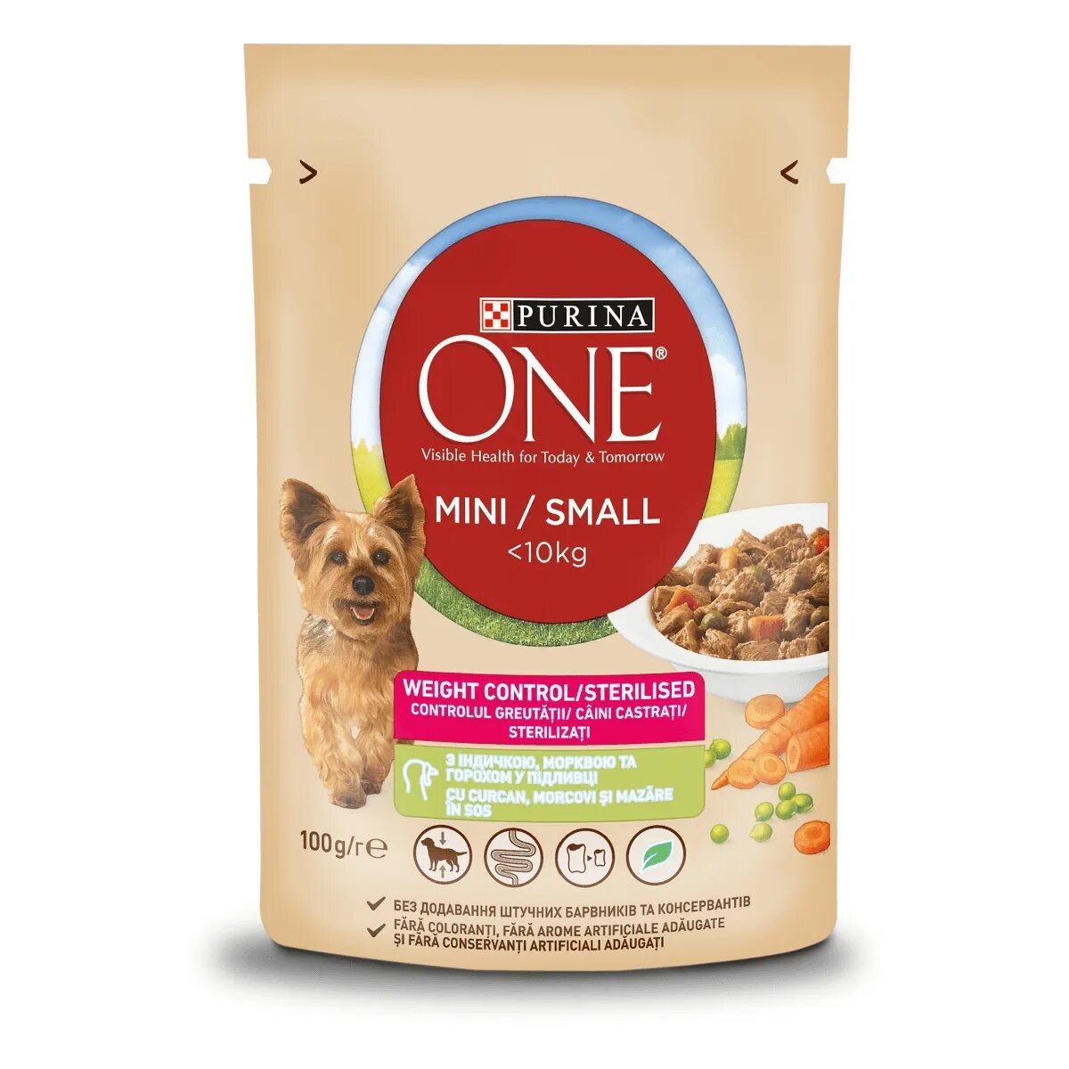 Purina ONE Mini Controlul Greutății Curcan cu Orez hrană umedă câini (în sos) Mini Controlul Greutății Curcan cu Orez plic hrană umedă câini (în sos) 85g
