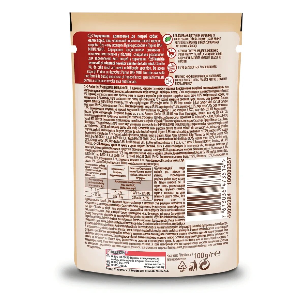 Purina ONE Mini Controlul Greutății Curcan cu Orez hrană umedă câini (în sos) Mini Controlul Greutății Curcan cu Orez plic hrană umedă câini (în sos) 85g