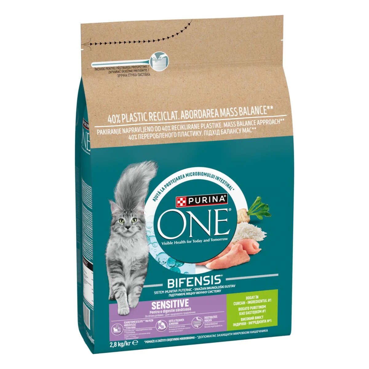 Purina ONE Sensitive Curcan și Orez hrană uscată pisici sistem digestiv 2.8kg