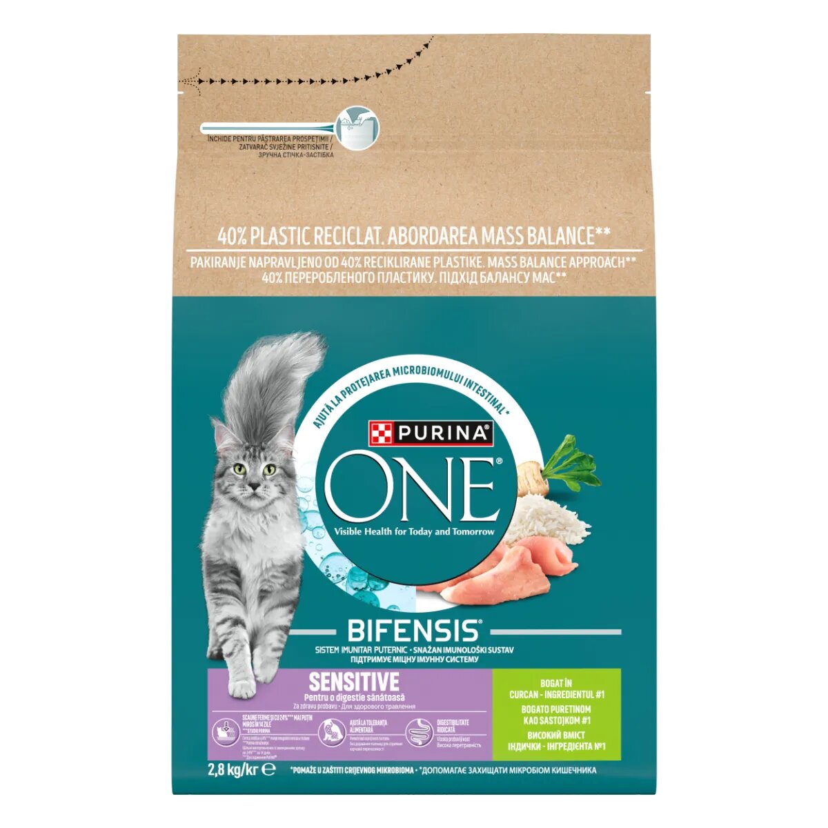 Purina ONE Sensitive Curcan și Orez hrană uscată pisici sistem digestiv 2.8kg