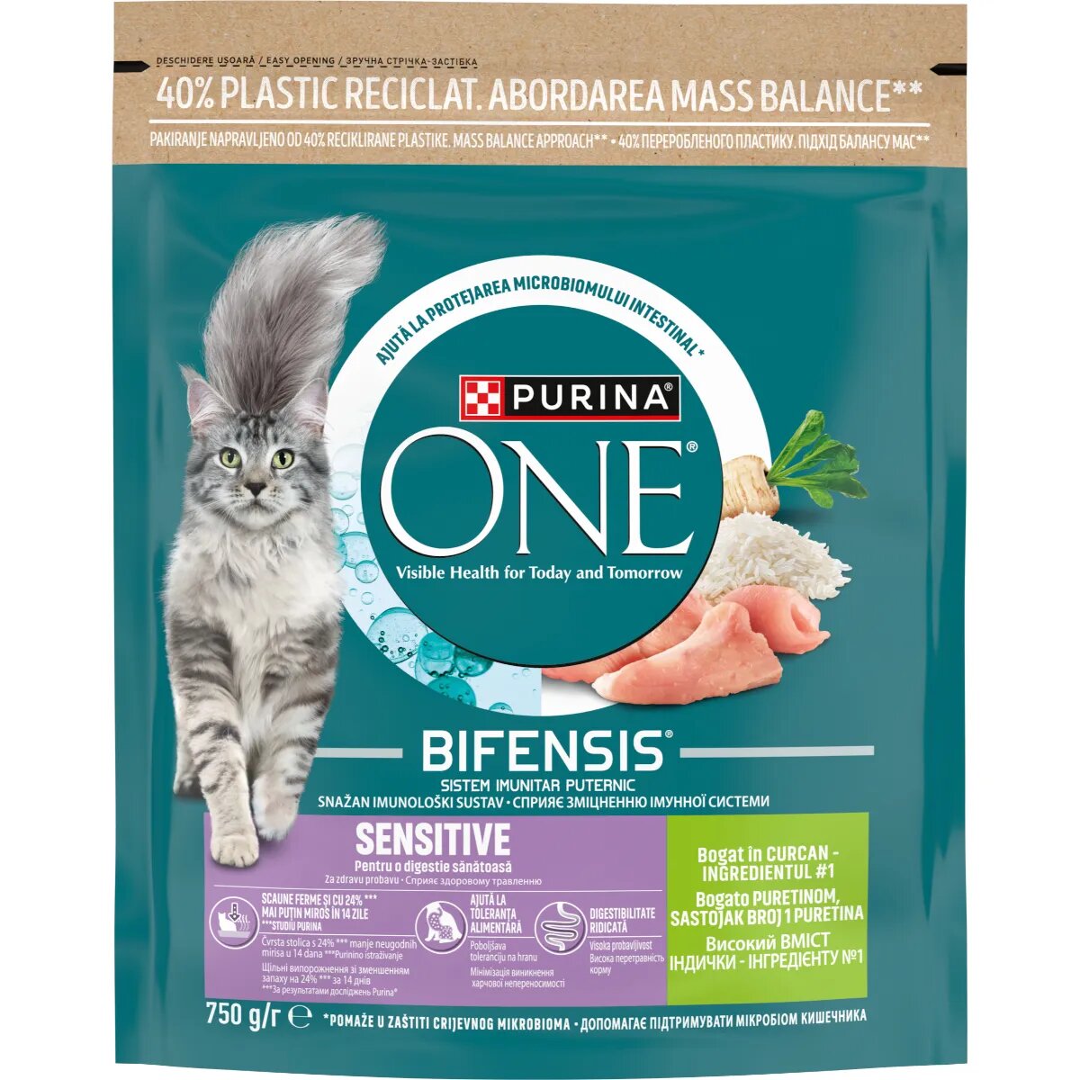 Purina ONE Sensitive Curcan și Orez hrană uscată pisici sistem digestiv 750g