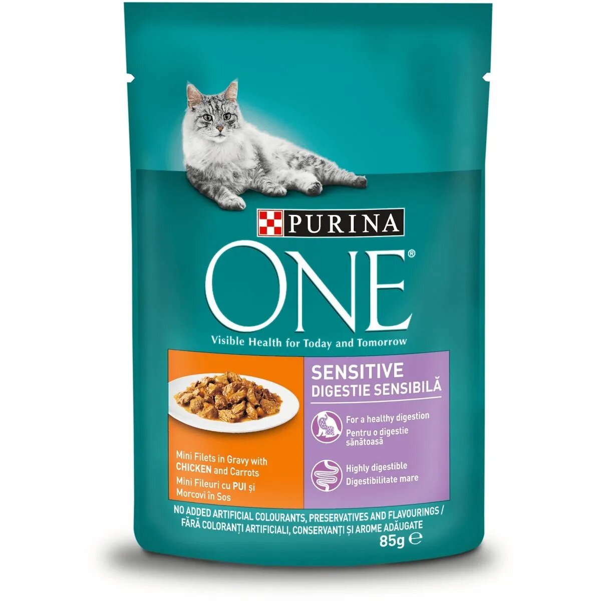 Purina ONE Sensitive Pui cu Morcov hrană umedă pisici sensibilități digestive (în sos) Sensitive Pui cu Morcov plic hrană umedă pisici sensibilități digestive (în sos) 85g