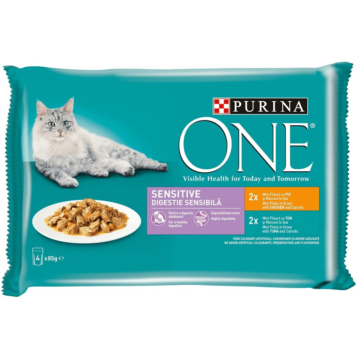 Purina ONE Sensitive Pui/Ton pachet mixt plic hrană umedă pisici sensibilități digestive (în sos) 85g x 4