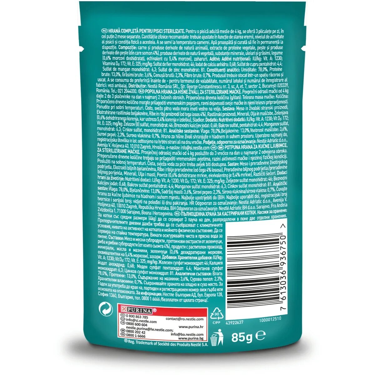 Purina ONE Sterilcat Somon cu Morcov plic hrană umedă pisici sterilizate (în sos) 85g