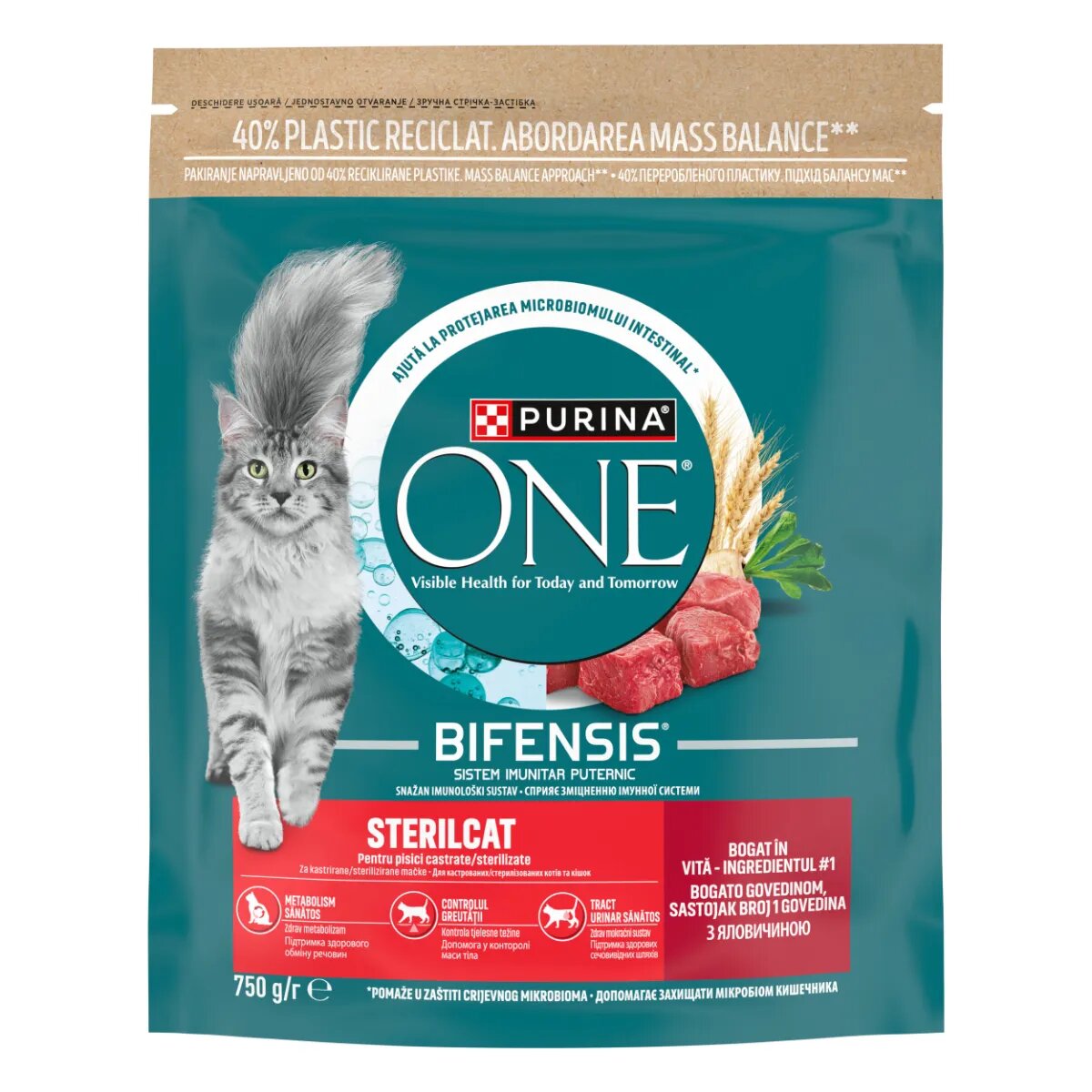 Purina ONE Sterilcat Vită și Grâu hrană uscată pisici sterilizate 750g