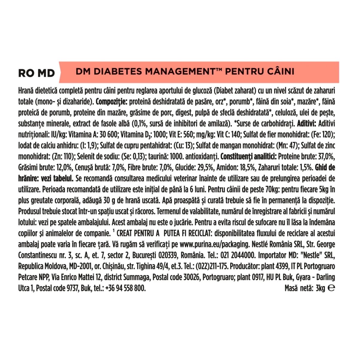 Purina Pro Plan Veterinary Diets Diabetes Management dietă veterinară câini hrană uscată controlul glucozei 3kg