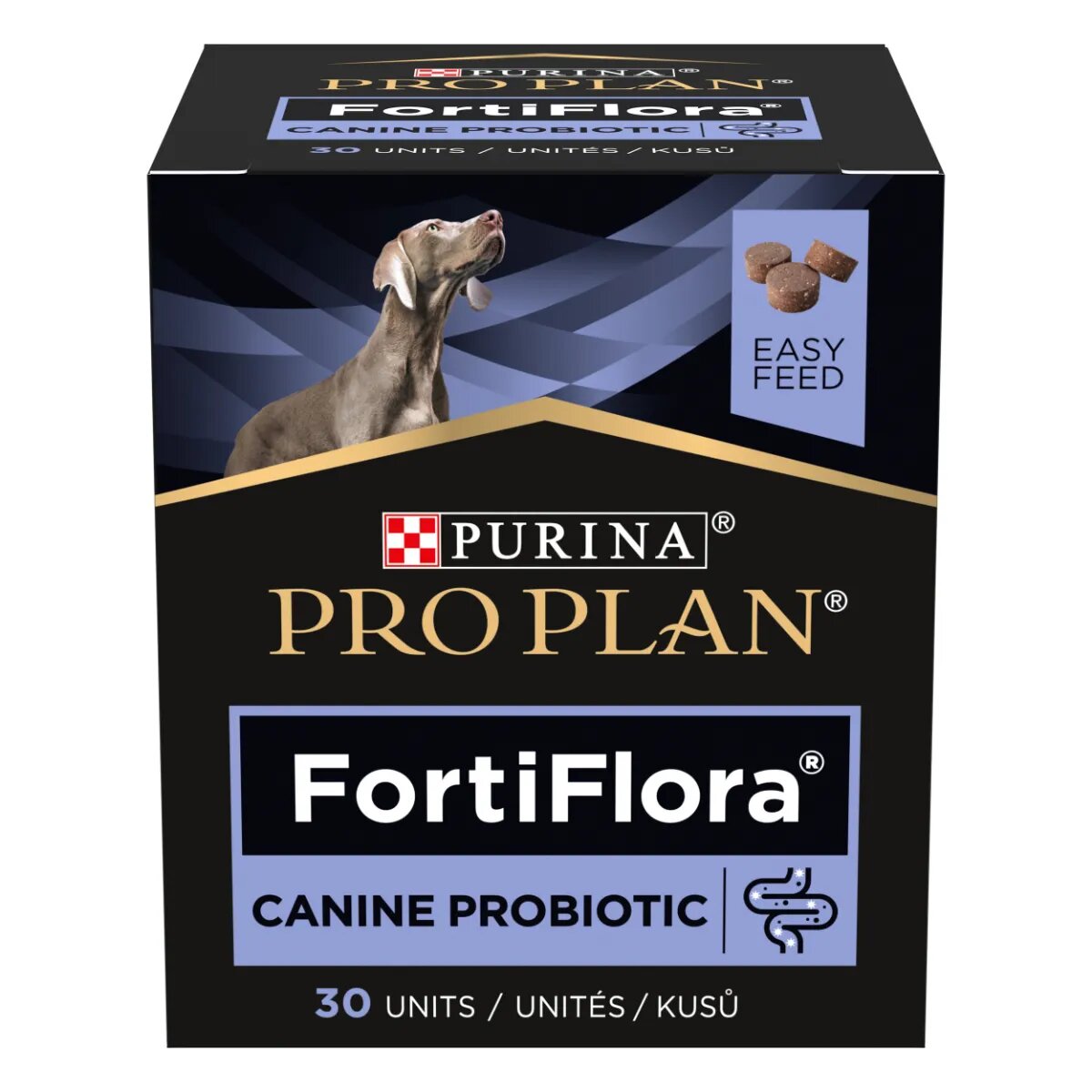 Purina Pro Plan Veterinary Diets FortiFlora XS-XL supliment sistem digestiv & probiotice câini cutie 30 comprimate masticabile