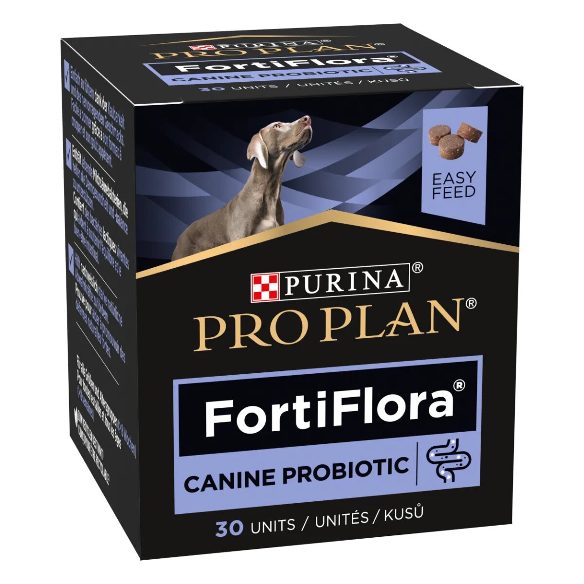 Purina Pro Plan Veterinary Diets FortiFlora XS-XL supliment sistem digestiv & probiotice câini cutie 30 comprimate masticabile
