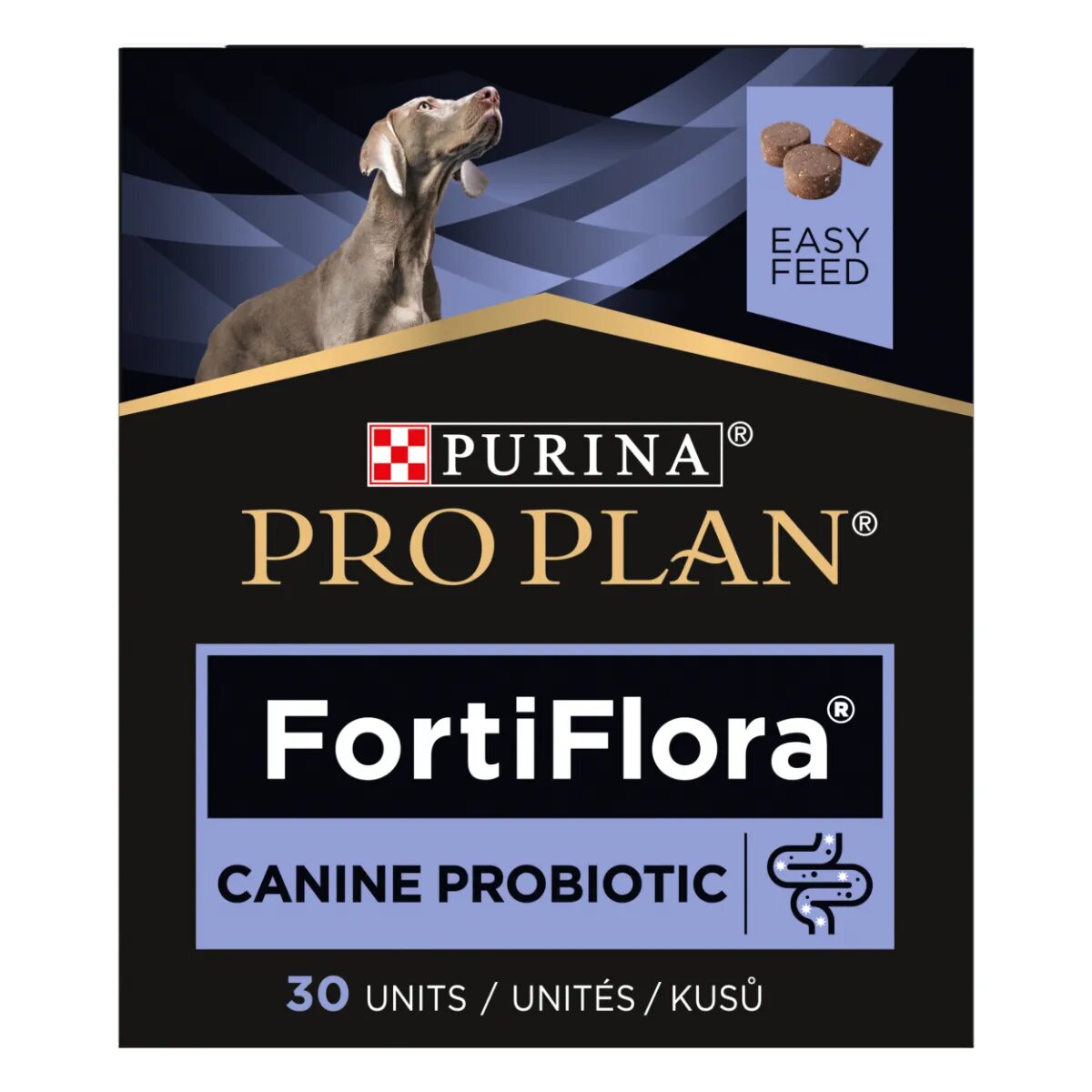 Purina Pro Plan Veterinary Diets FortiFlora XS-XL supliment sistem digestiv & probiotice câini cutie 30 comprimate masticabile