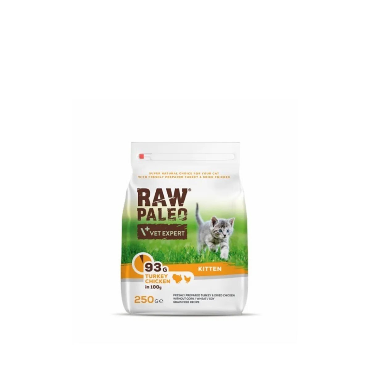 Raw Paleo Kitten Curcan și Pui hrană uscată fără cereale pisici junior 250g