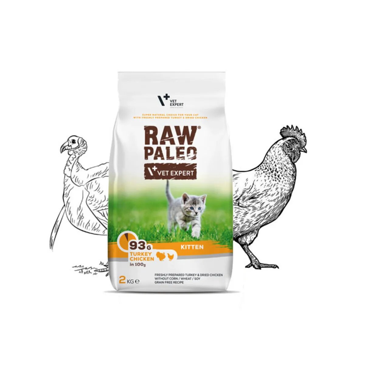 Raw Paleo Kitten Curcan și Pui hrană uscată fără cereale pisici junior 2kg