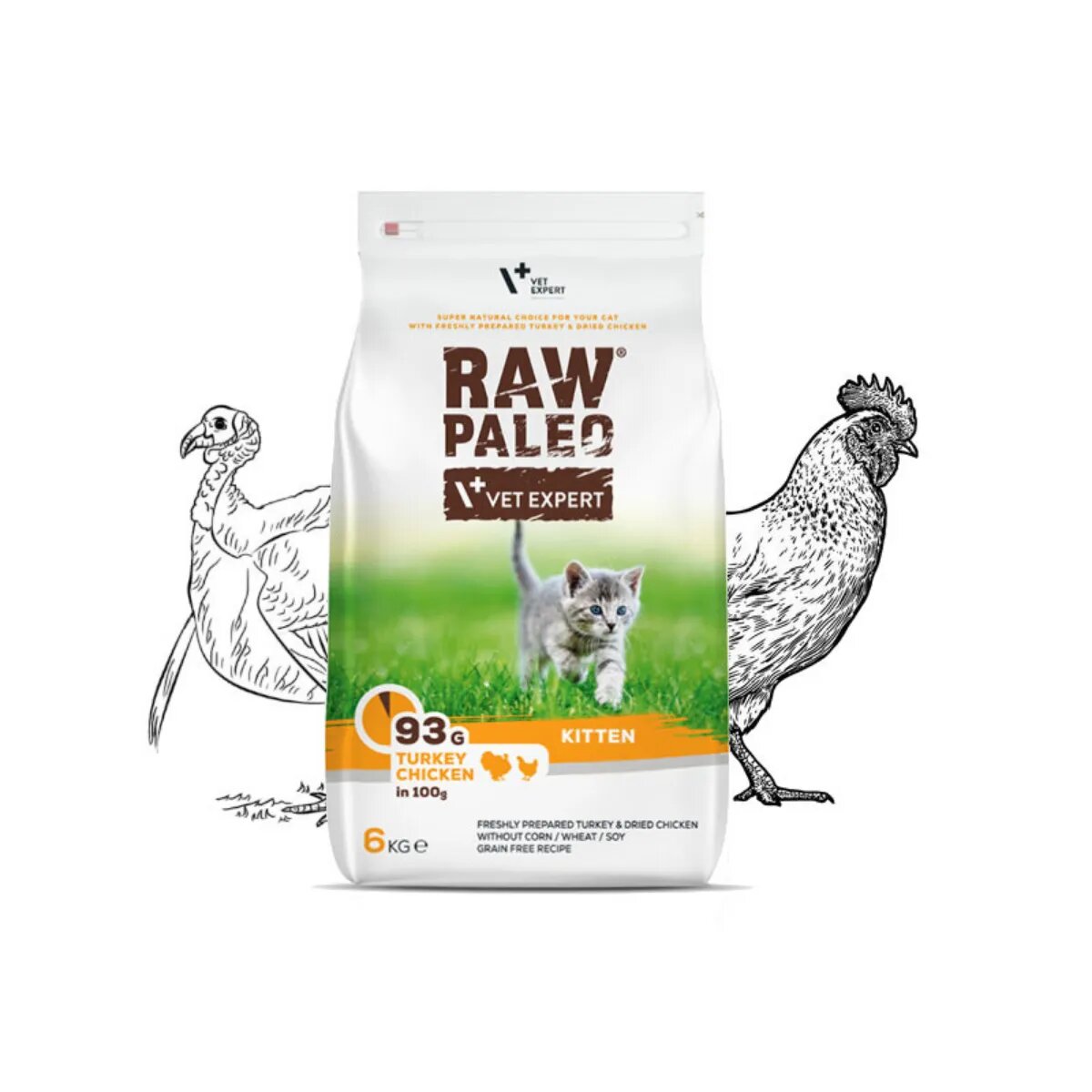 Raw Paleo Kitten Curcan și Pui hrană uscată fără cereale pisici junior 6kg