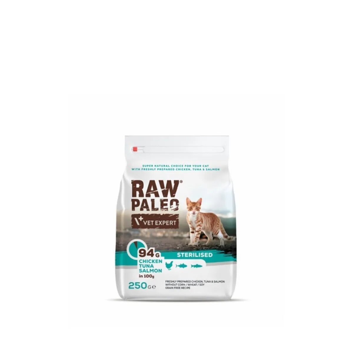 Raw Paleo Sterilised Pui Ton și Somon hrană uscată fără cereale pisici sterilizate 250g