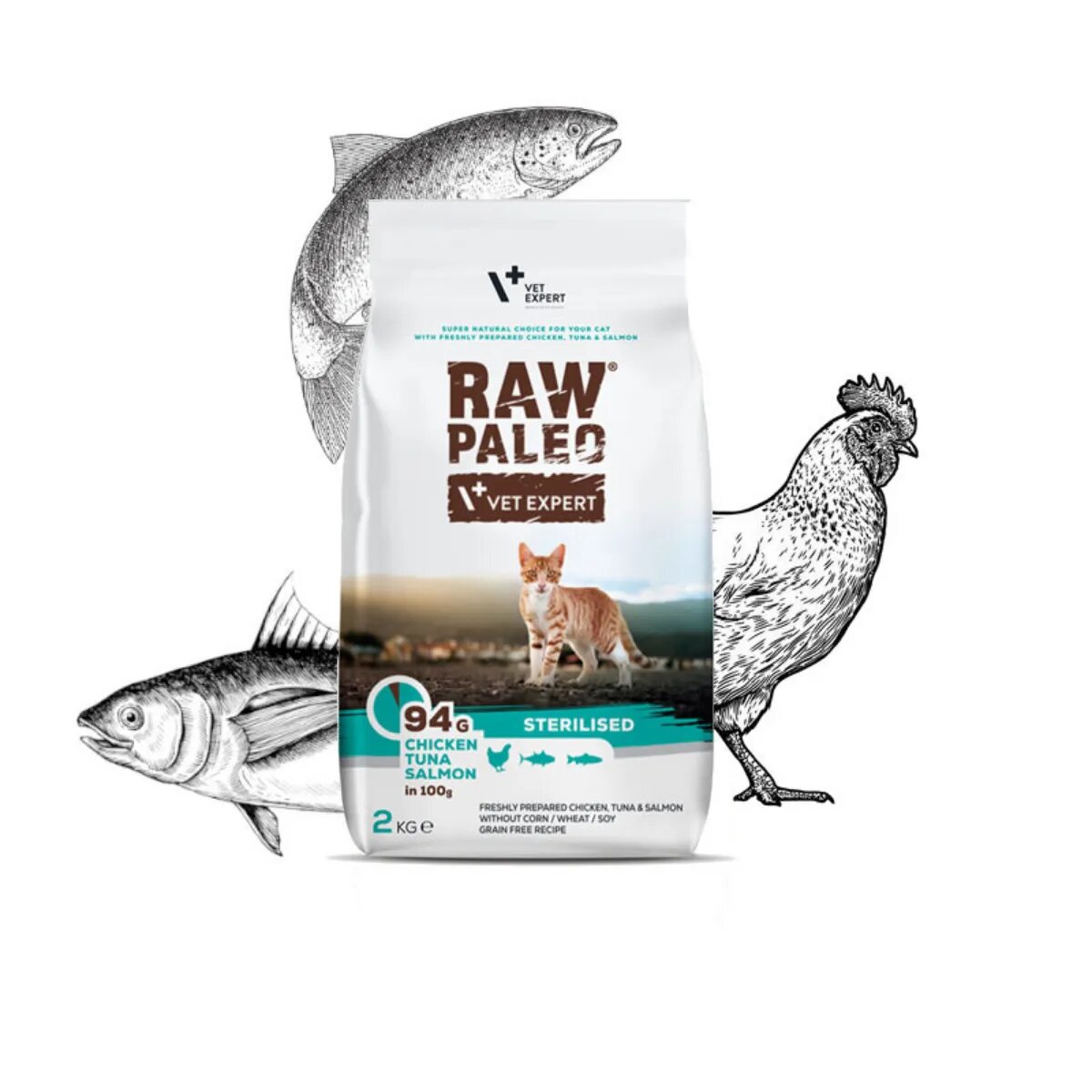 Raw Paleo Sterilised Pui Ton și Somon hrană uscată fără cereale pisici sterilizate 2kg