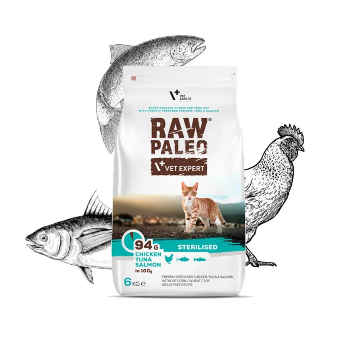 Raw Paleo Sterilised Pui Ton și Somon hrană uscată fără cereale pisici sterilizate 6kg