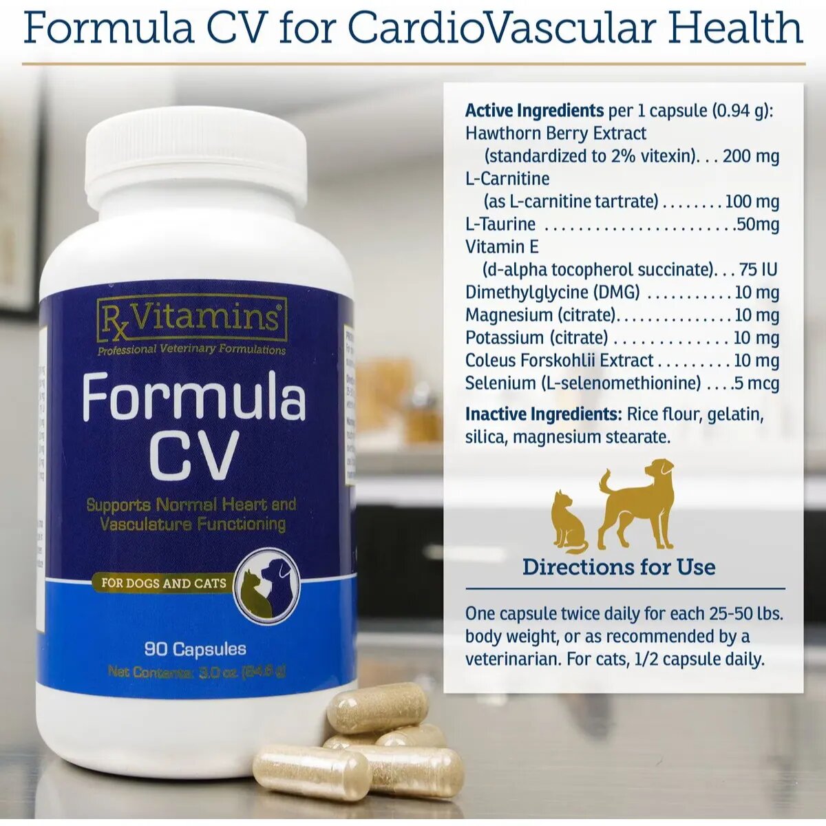 Rx Vitamins CV Formula supliment sistem cardio-vascular câini capsule CV Formula supliment sistem cardio-vascular câini și pisici flacon 90 capsule