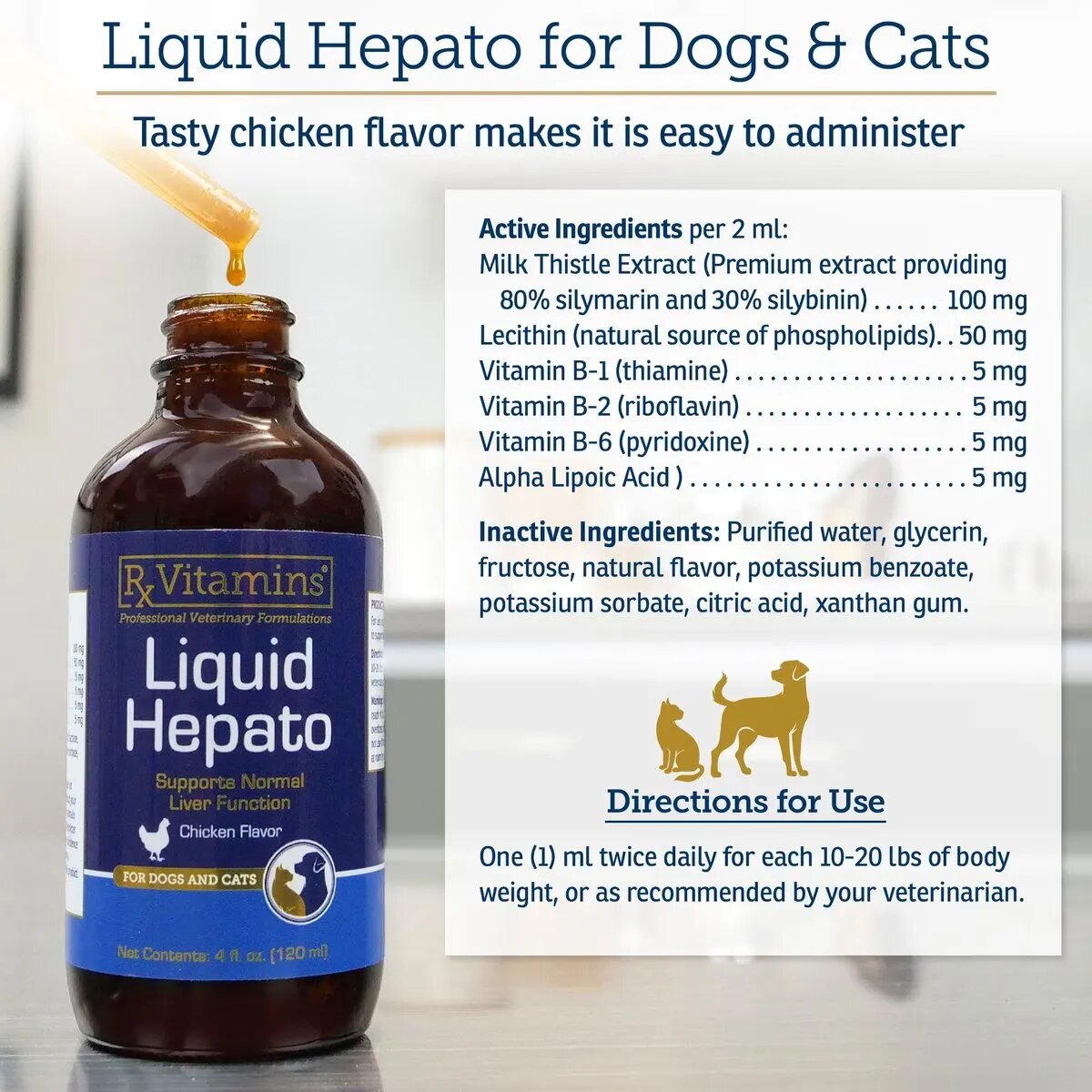 Rx Vitamins Liquid Hepato supliment sistem hepatic câini Bacon și Pui suspensie orală Liquid Hepato supliment sistem hepatic câini și pisici Bacon și Pui flacon 120ml suspensie orală