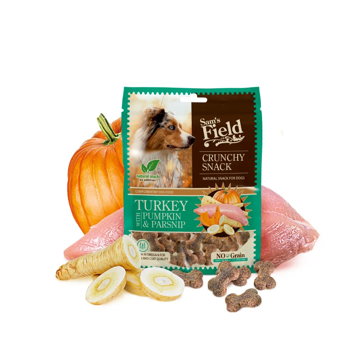 Sam's Field Crunchy Snack XS-XL Curcan și dovleac punguță recompense fără cereale câini 200g