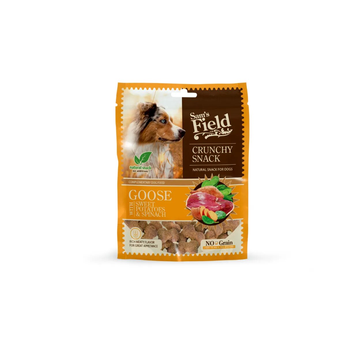 Sam's Field Crunchy Snack XS-XL Gâsca și Cartof Dulce punguță recompense fără cereale câini 200g