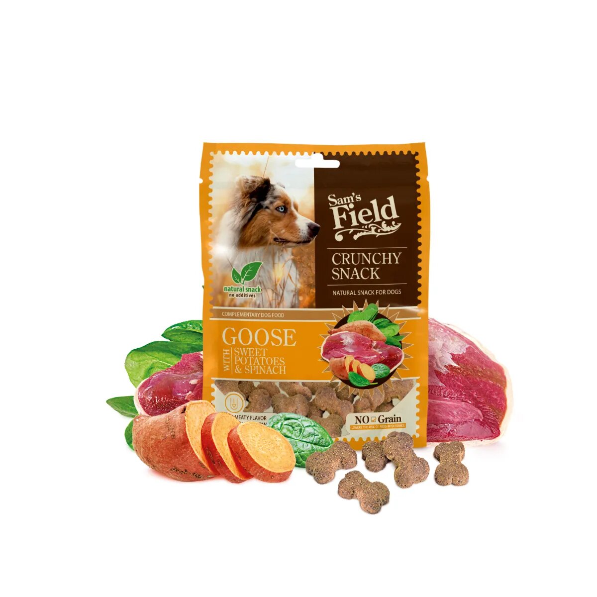 Sam's Field Crunchy Snack XS-XL Gâsca și Cartof Dulce punguță recompense fără cereale câini 200g
