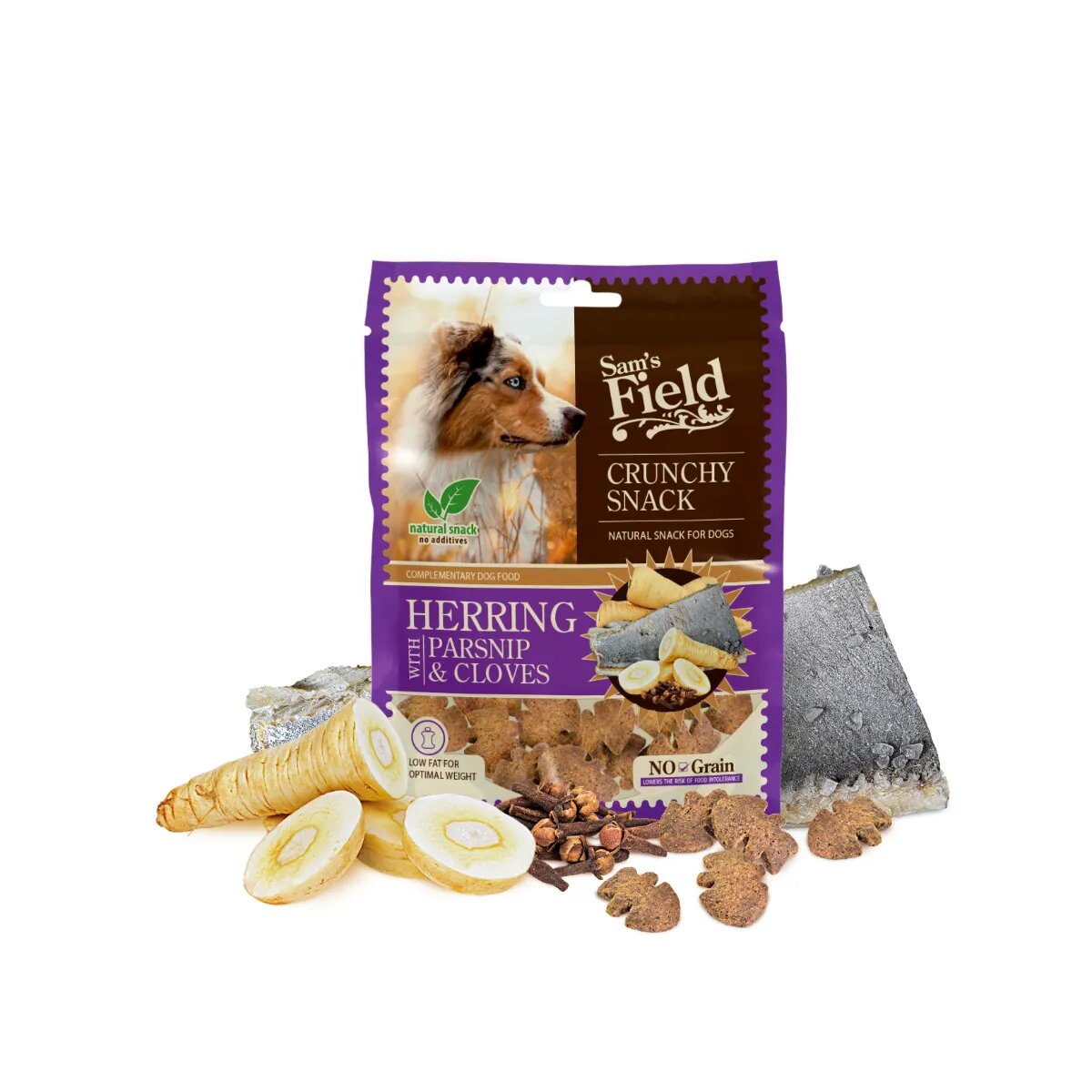 Sam's Field Crunchy Snack XS-XL Hering punguță recompense fără cereale câini 200g