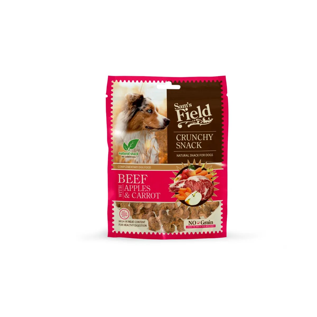 Sam's Field Crunchy Snack XS-XL Vită și Măr punguță recompense fără cereale câini 200g